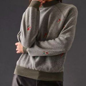 Anthropologie T.la embroidered mockneck pullover in moss, floral design, XS